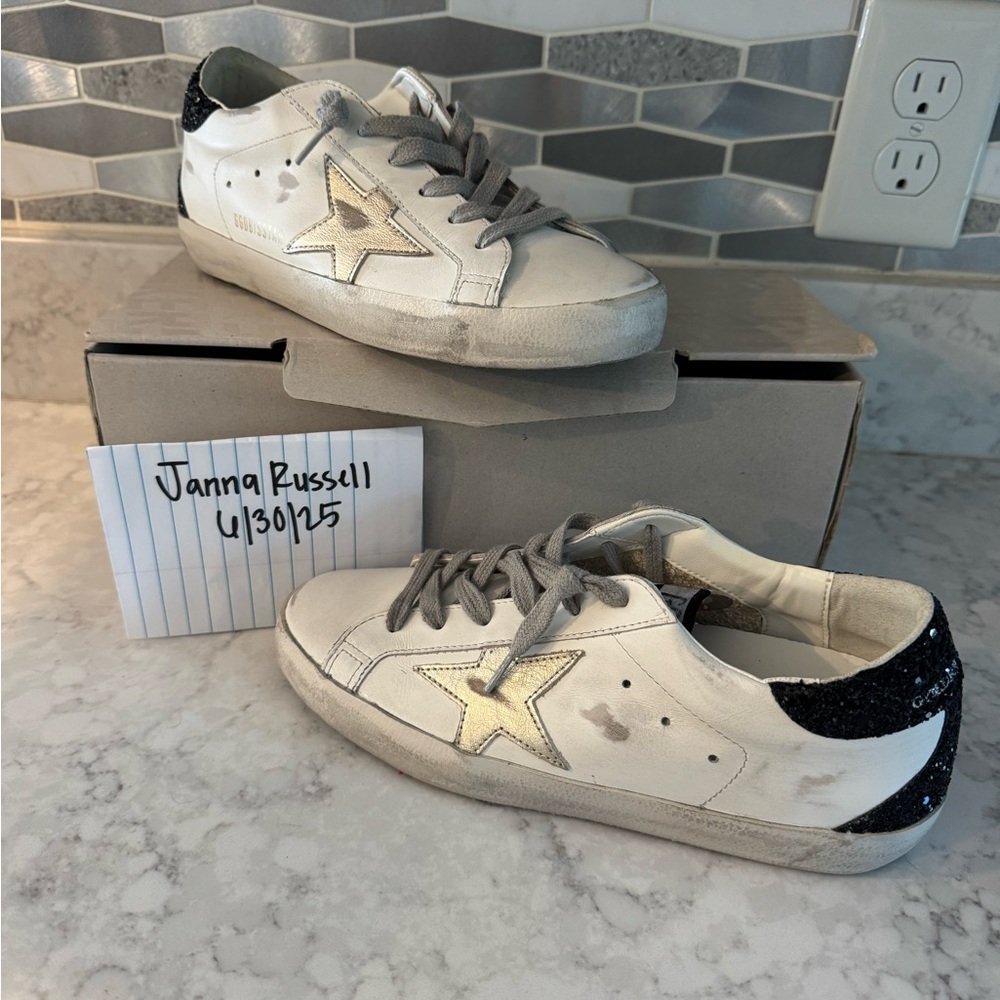 Golden Goose White and Gold Distressed Sneakers